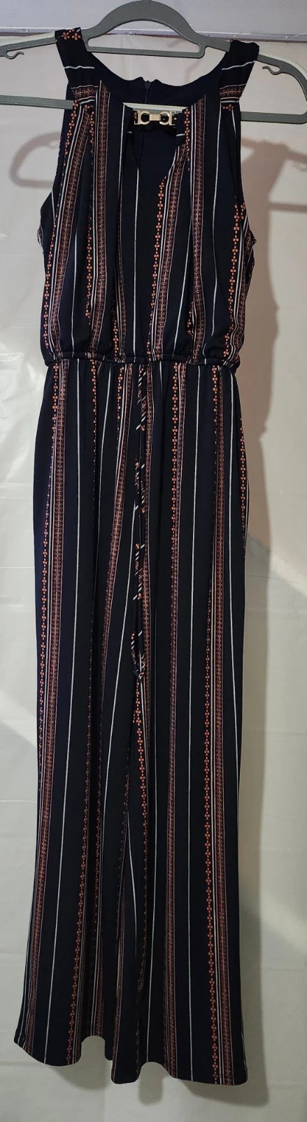 Enfocus Studio Navy Maxi Romper with Coral and White Stripes