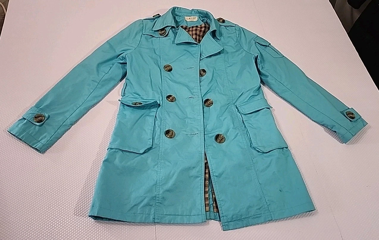 Light Blue Trench Coat Women Pre Owned Has Wear, Missing Waist B