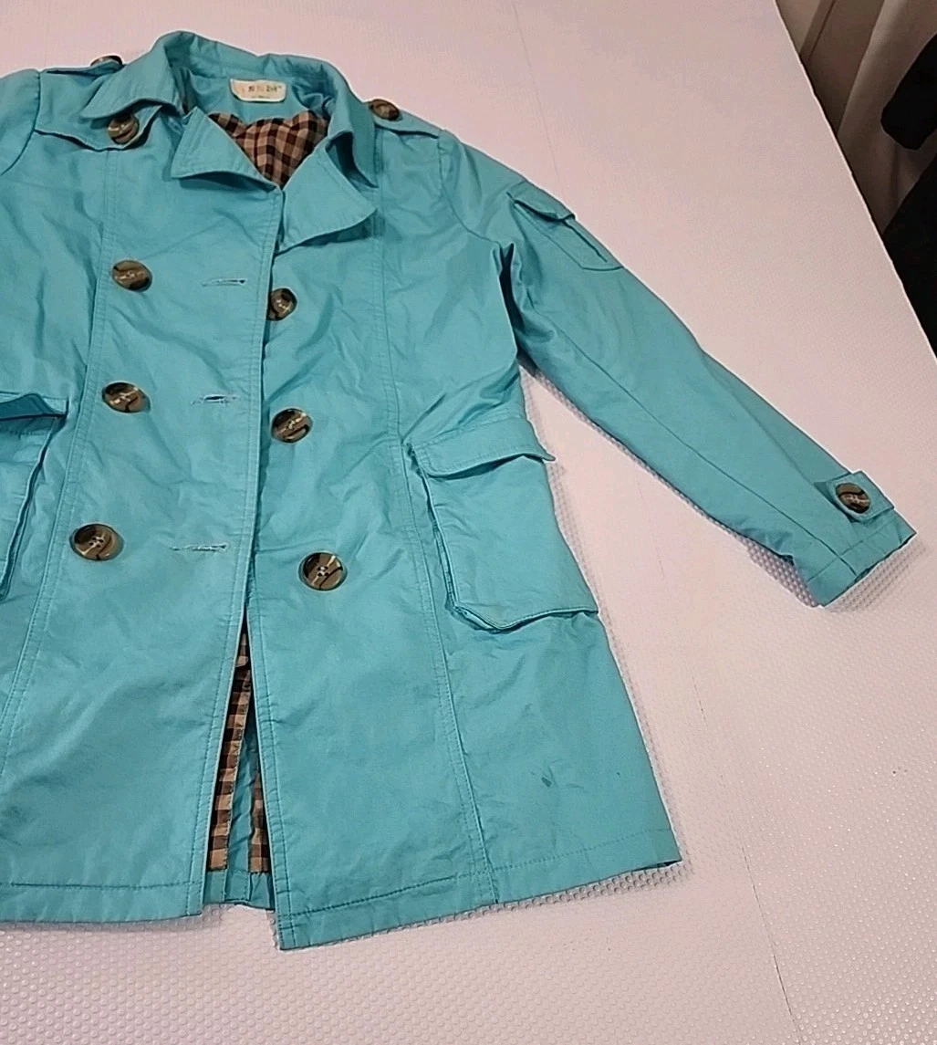 Light Blue Trench Coat Women Pre Owned Has Wear, Missing Waist B - photo 4