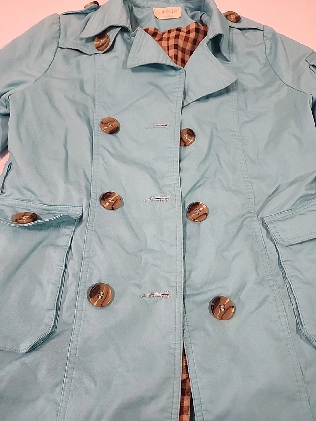 Light Blue Trench Coat Women Pre Owned Has Wear, Missing Waist B - photo 5