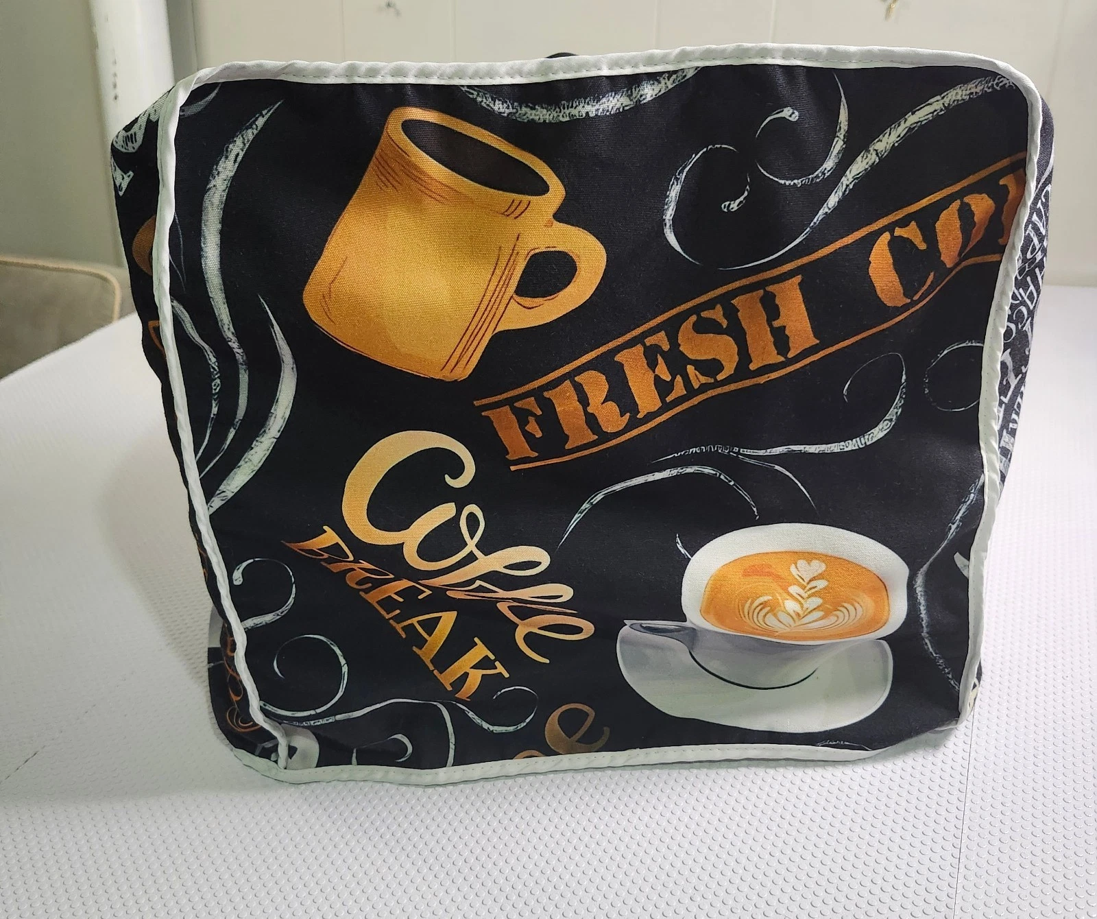 Coffee Themed Kitchen Toaster Accessory Cover - Black with Gold