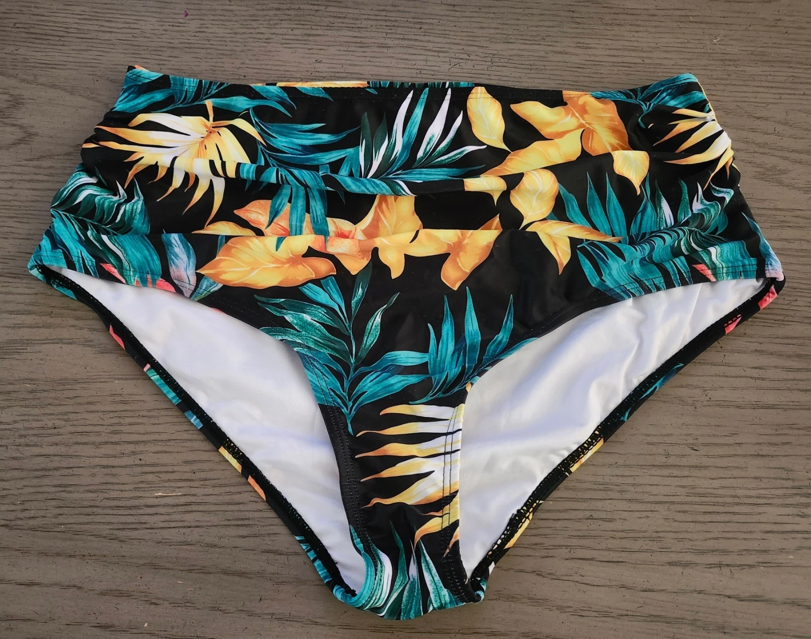 High-Waist Tropical Floral Bikini Bottoms - Black, Yellow & Teal