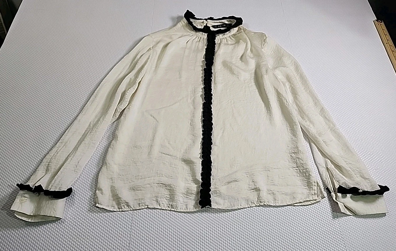 ZARA BASICS Ivory Ruffled Long Sleeve Blouse with Black Trim - S