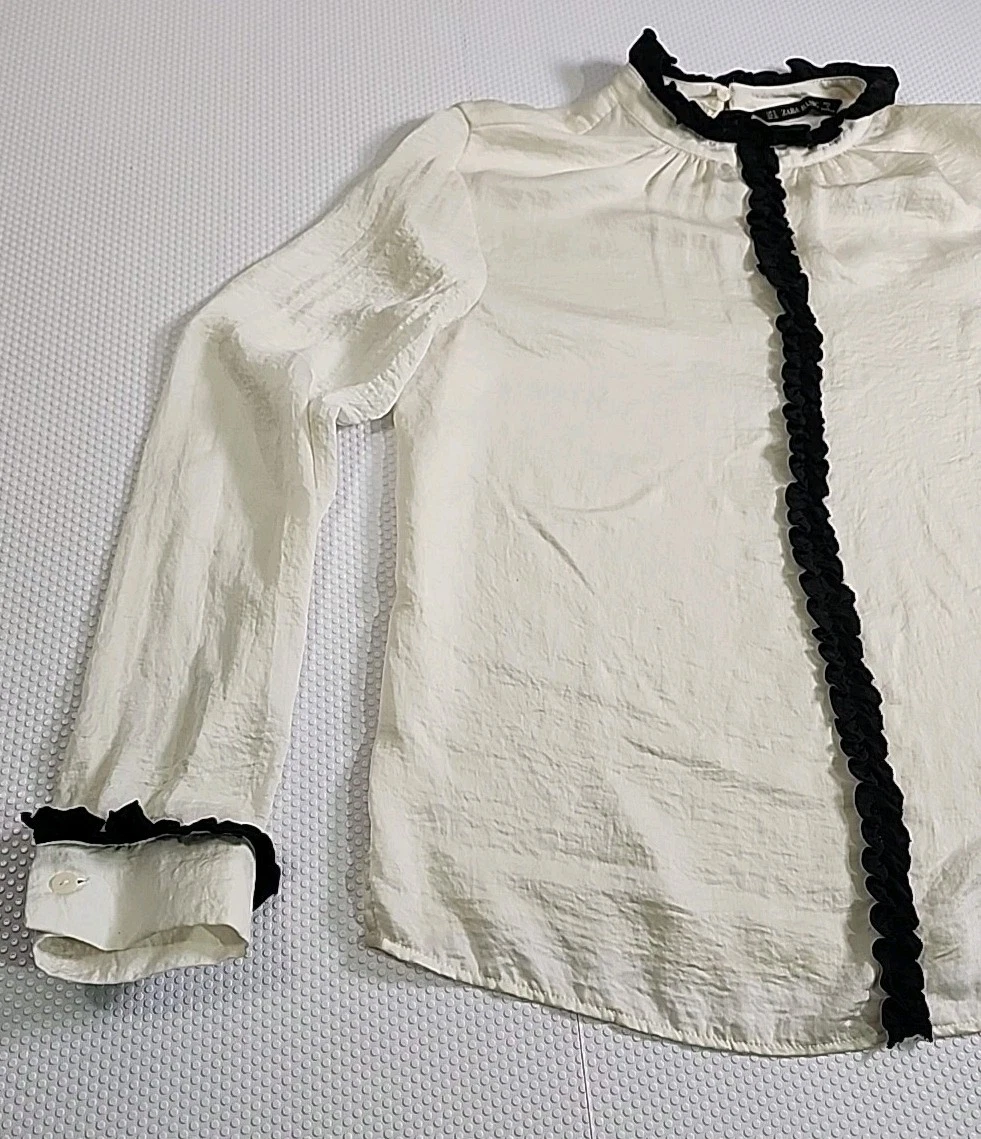 ZARA BASICS Ivory Ruffled Long Sleeve Blouse with Black Trim - S - photo 4