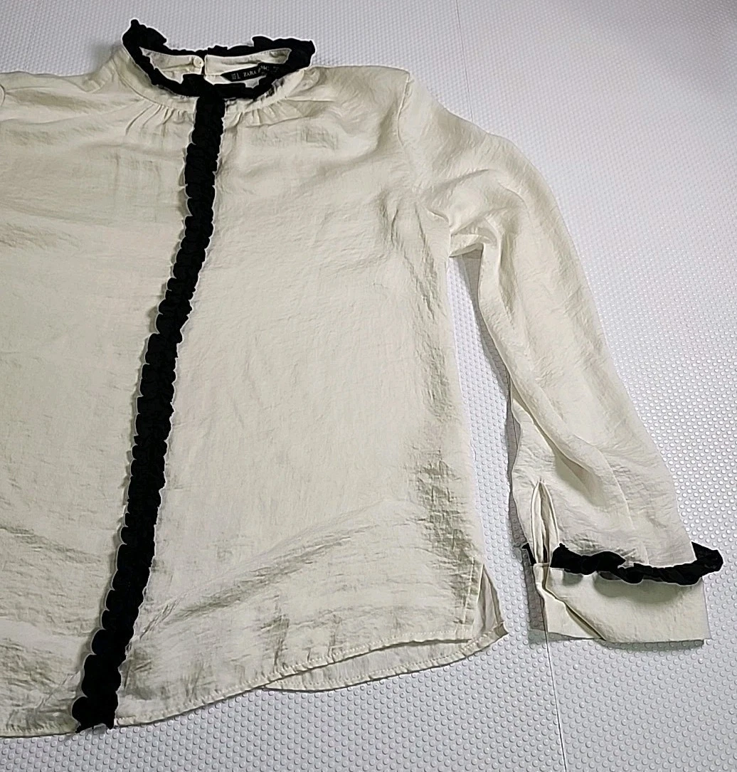 ZARA BASICS Ivory Ruffled Long Sleeve Blouse with Black Trim - S - photo 5