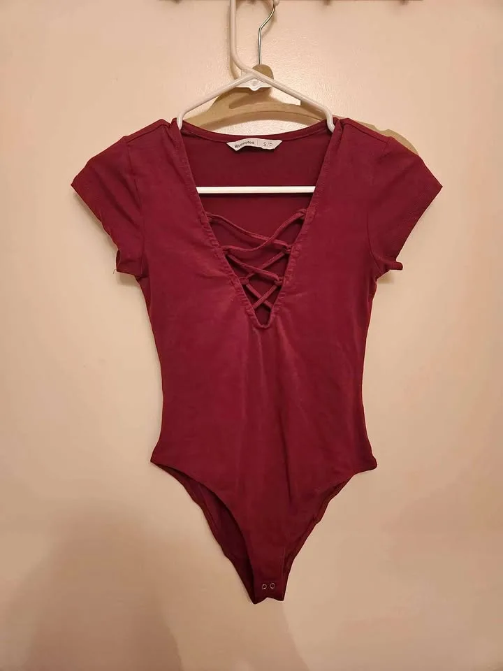 Maroon front lace up bodysuit (s) thumbnail