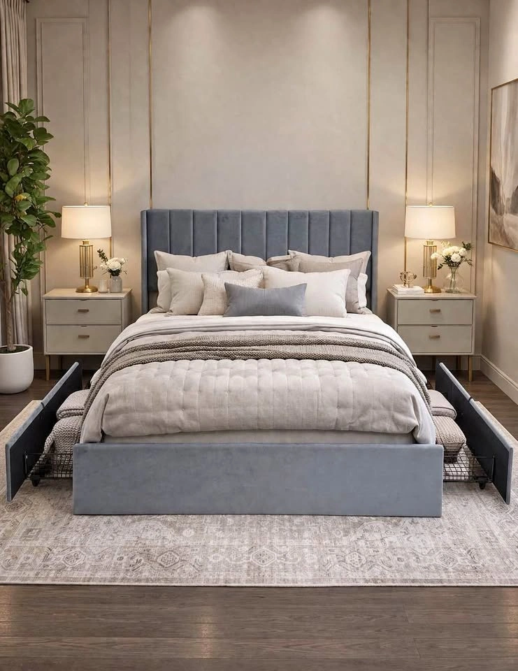 Wingback Velvet Storage Platform Bed - All Sizes Available