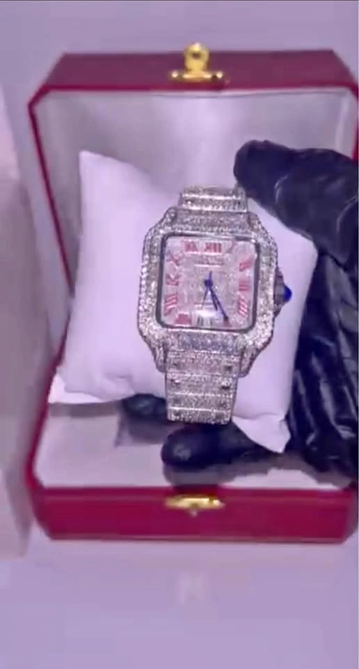 Iced Out Cartier Santos – Custom Rose-Red Dial – Full Diamond Bu