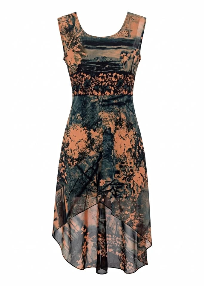 Vintage 90s Mural Hi-Low Dress Asymmetric Hem, Stretchable Earth
