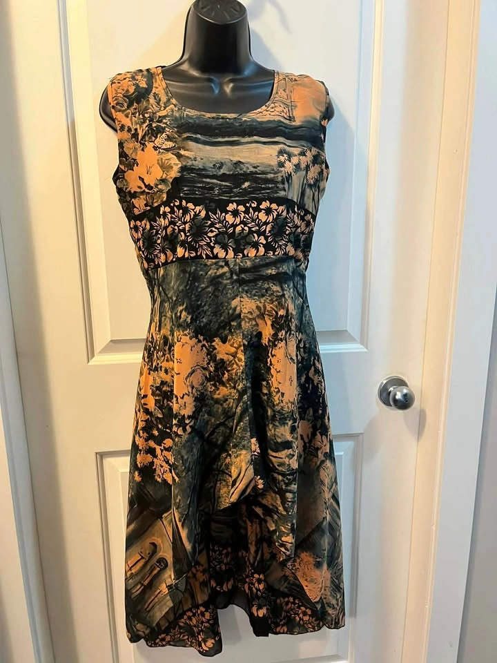 Vintage 90s Mural Hi-Low Dress Asymmetric Hem, Stretchable Earth - photo 5