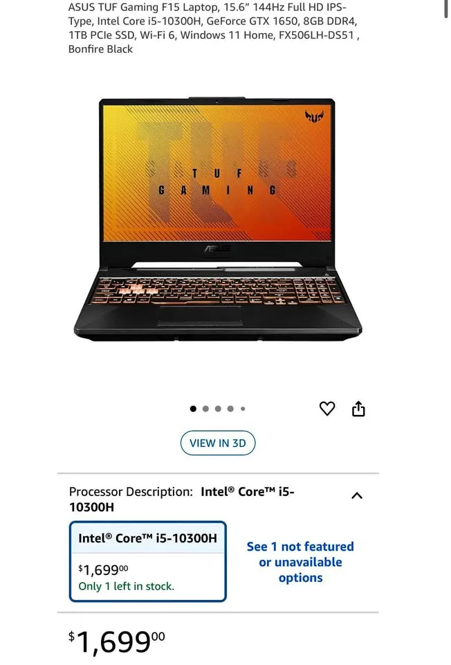 ASUS TUF Gaming F15 Laptop - GTX 1650, i5, 15.6" thumbnail