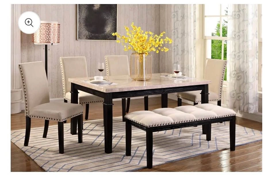 Marble dining table, chairs and bench set - beige color
