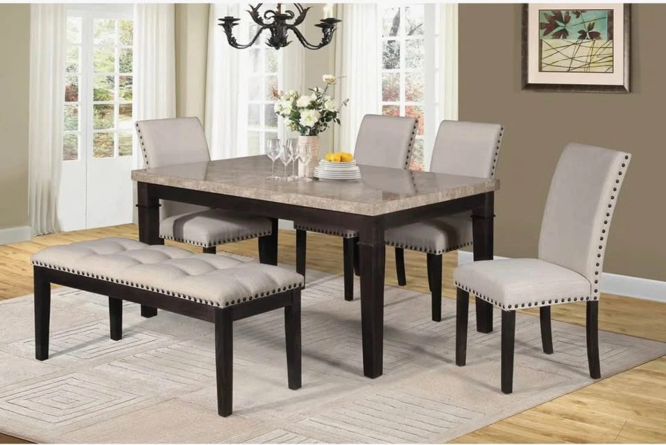 Marble dining table, chairs and bench set - beige color - photo 3