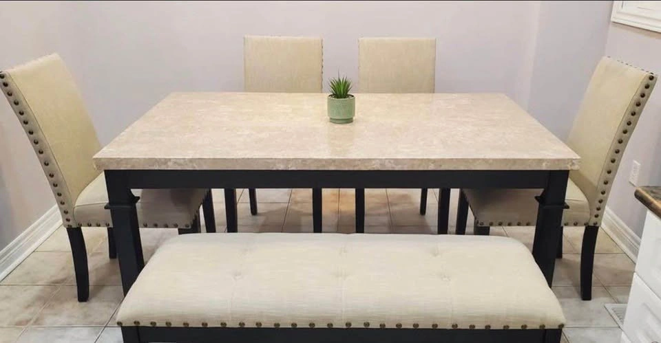 Marble dining table, chairs and bench set - beige color - photo 4