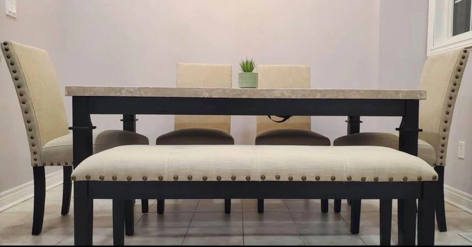 Marble dining table, chairs and bench set - beige color - photo 5