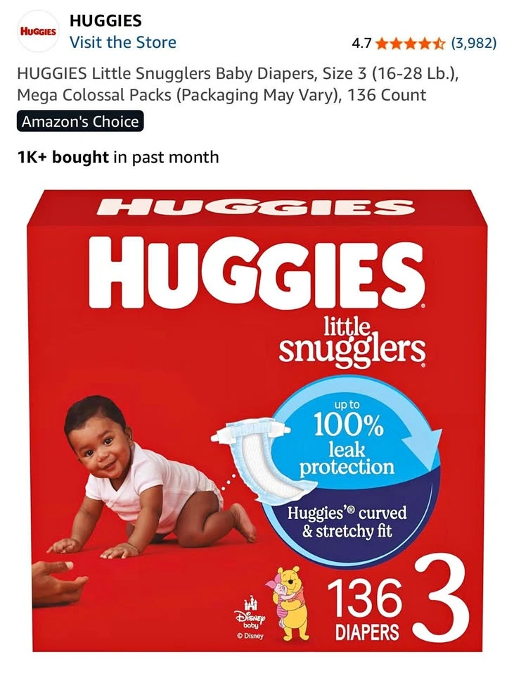 HUGGIES Little Snugglers Baby Diapers, Size 3 (16-28 Lb.) - 136