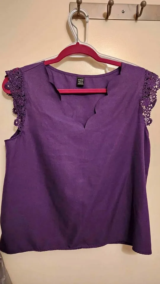 Purple scalloped neckline top with lace sleeves thumbnail