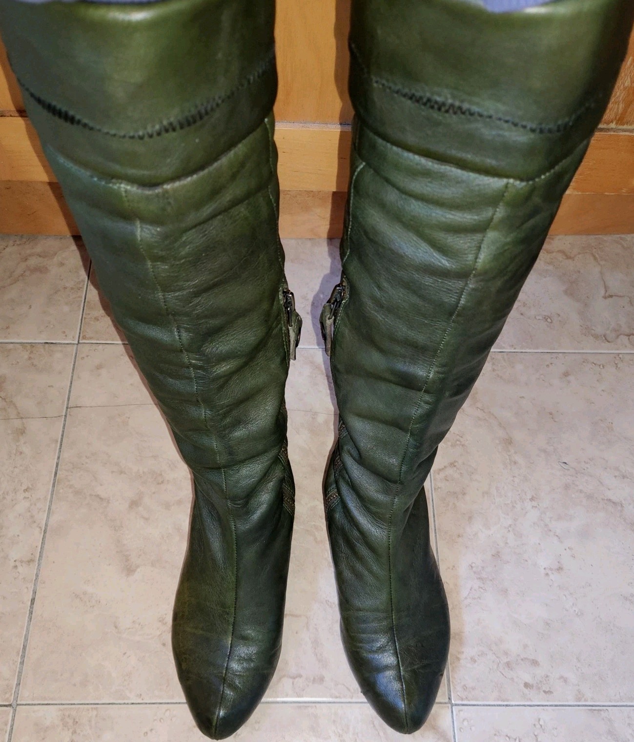 Modern Vintage Green Leather Knee High Boots Women Side Zip Ridi