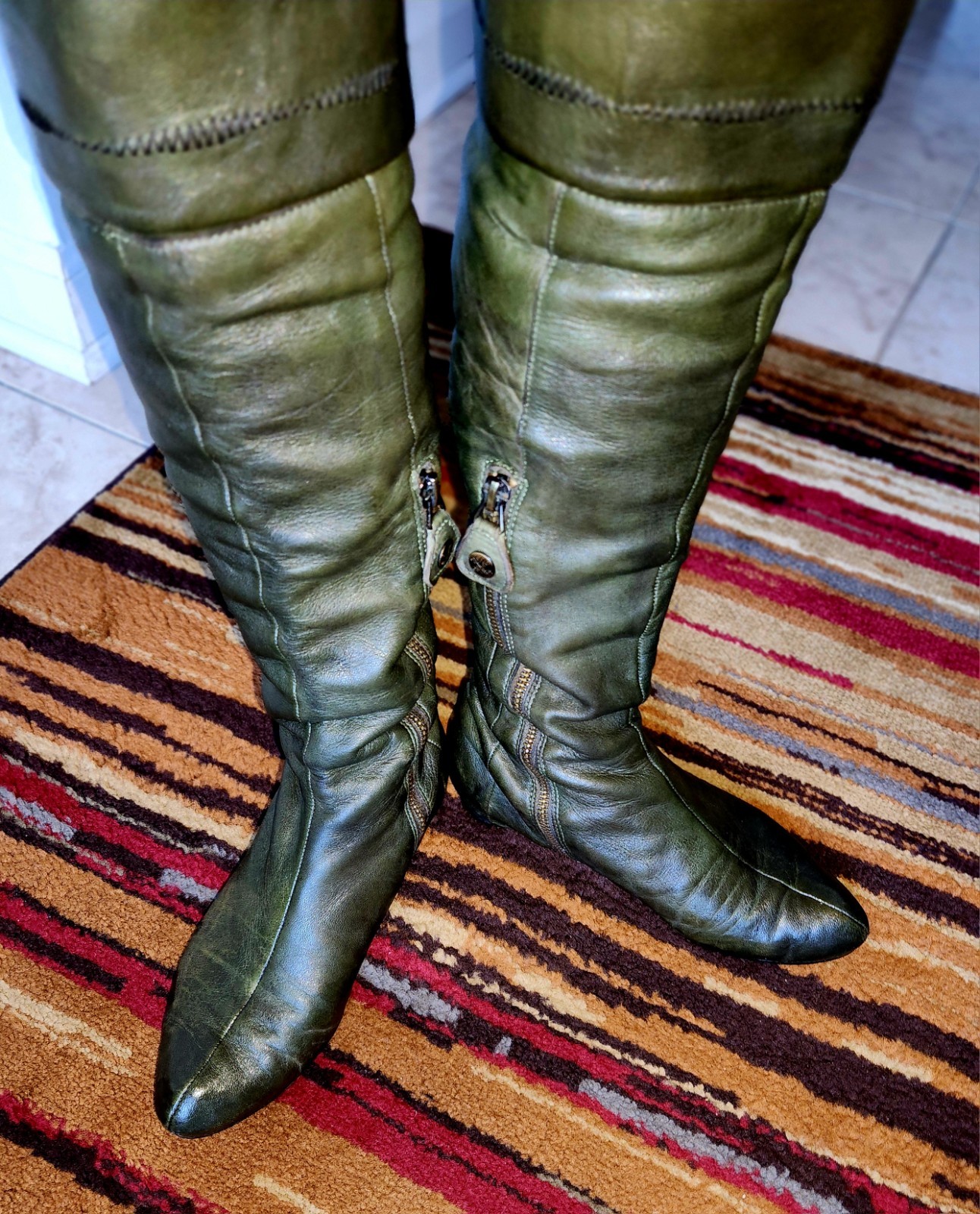 Modern Vintage Green Leather Knee High Boots Women Side Zip Ridi - photo 2