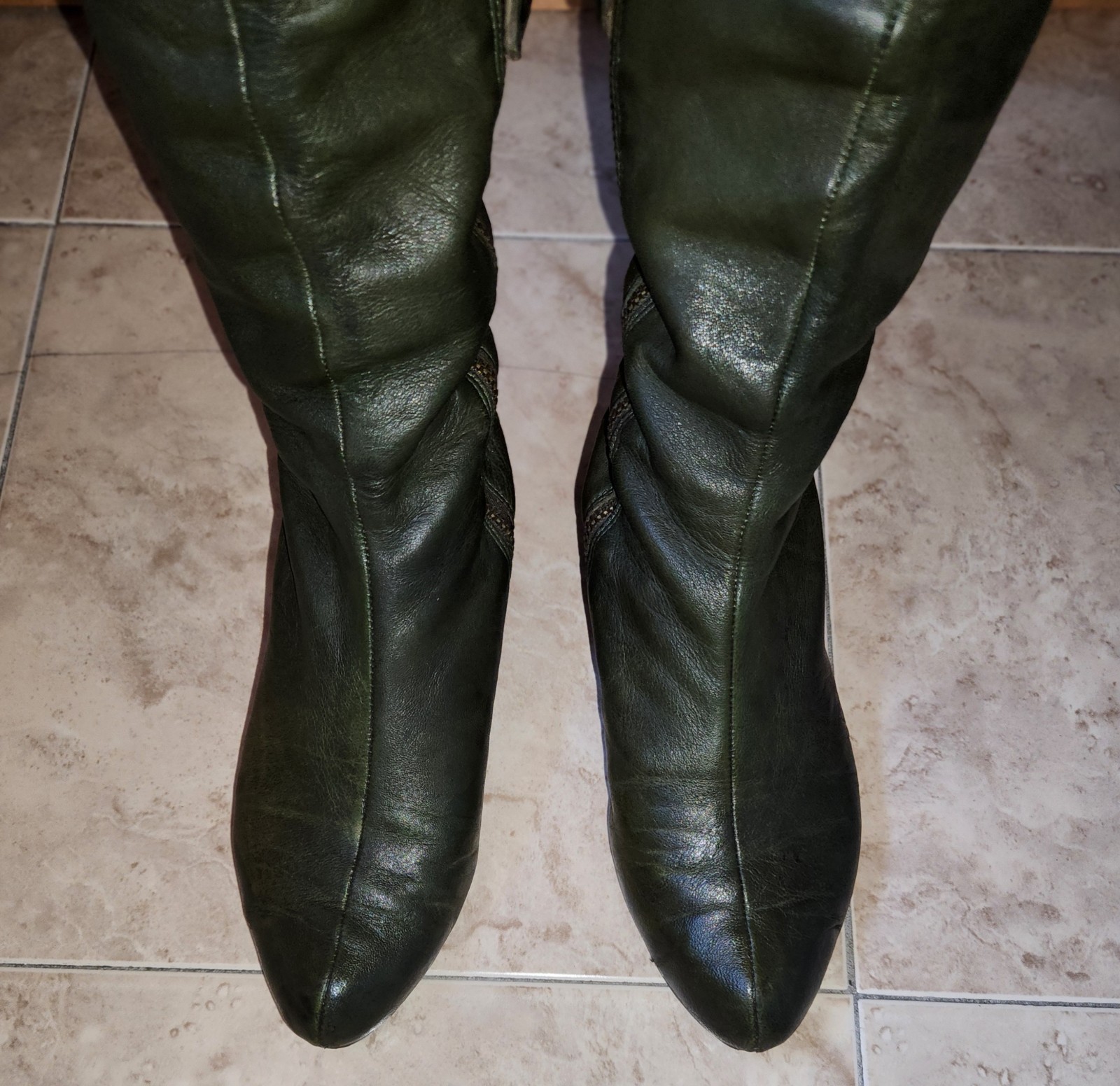 Modern Vintage Green Leather Knee High Boots Women Side Zip Ridi - photo 3