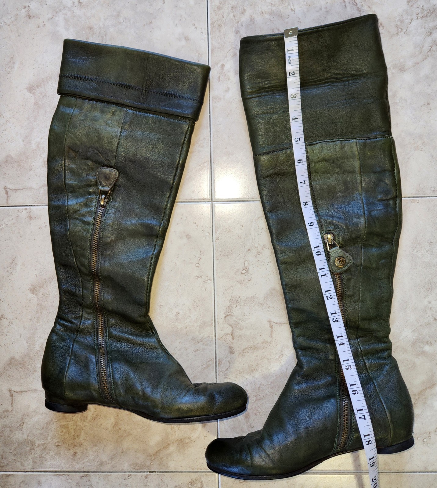 Modern Vintage Green Leather Knee High Boots Women Side Zip Ridi - photo 4