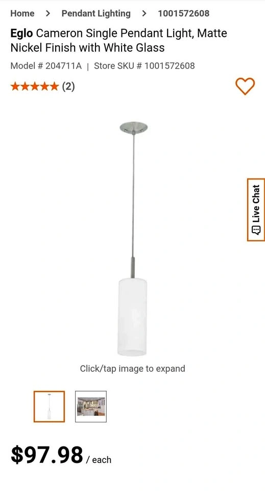 Cameron Single Pendant Light, Matte Nickel Finish with White Gla - photo 2