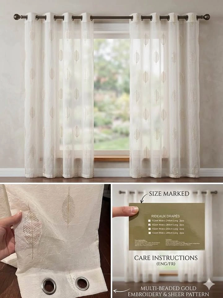 Elegant Sheer Leaf Grommet Curtain Set - Gold Embroidery - 2 Pan