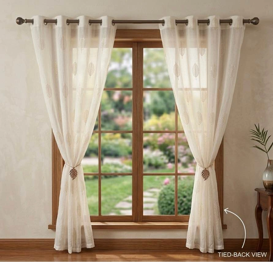 Elegant Sheer Leaf Grommet Curtain Set - Gold Embroidery - 2 Pan - photo 2