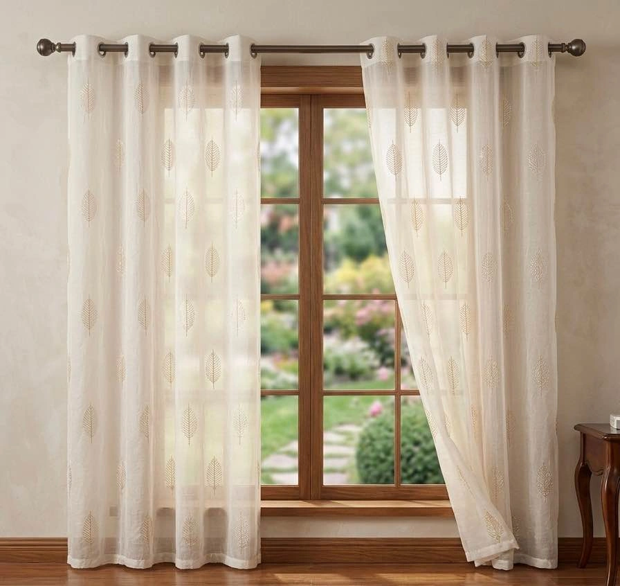 Elegant Sheer Leaf Grommet Curtain Set - Gold Embroidery - 2 Pan - photo 3