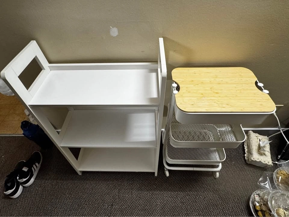 White 3-Tier Shelf and IKEA Rolling Cart w/ Lid - photo 2