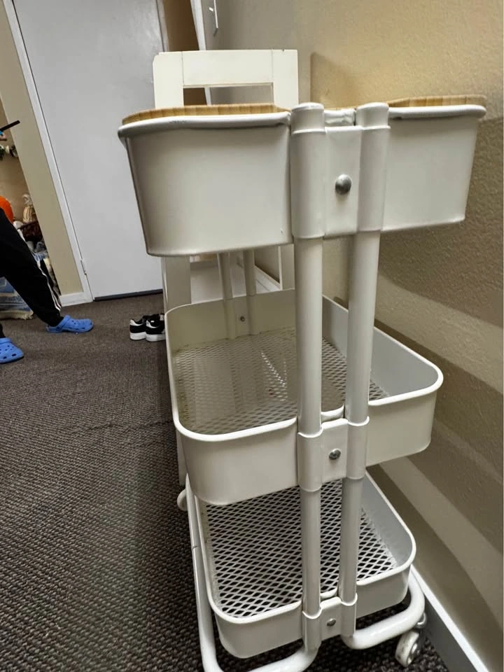 White 3-Tier Shelf and IKEA Rolling Cart w/ Lid - photo 4