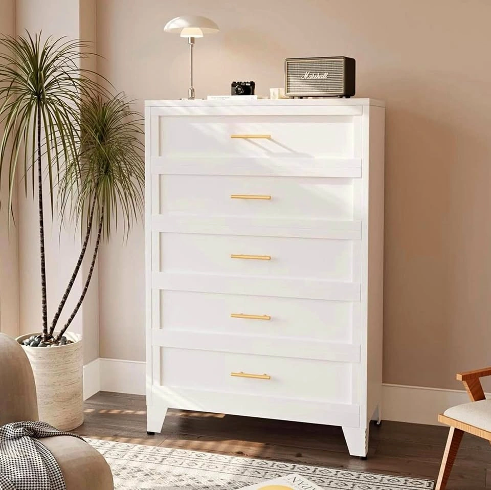 White 5-Drawer Dresser with Gold Handles