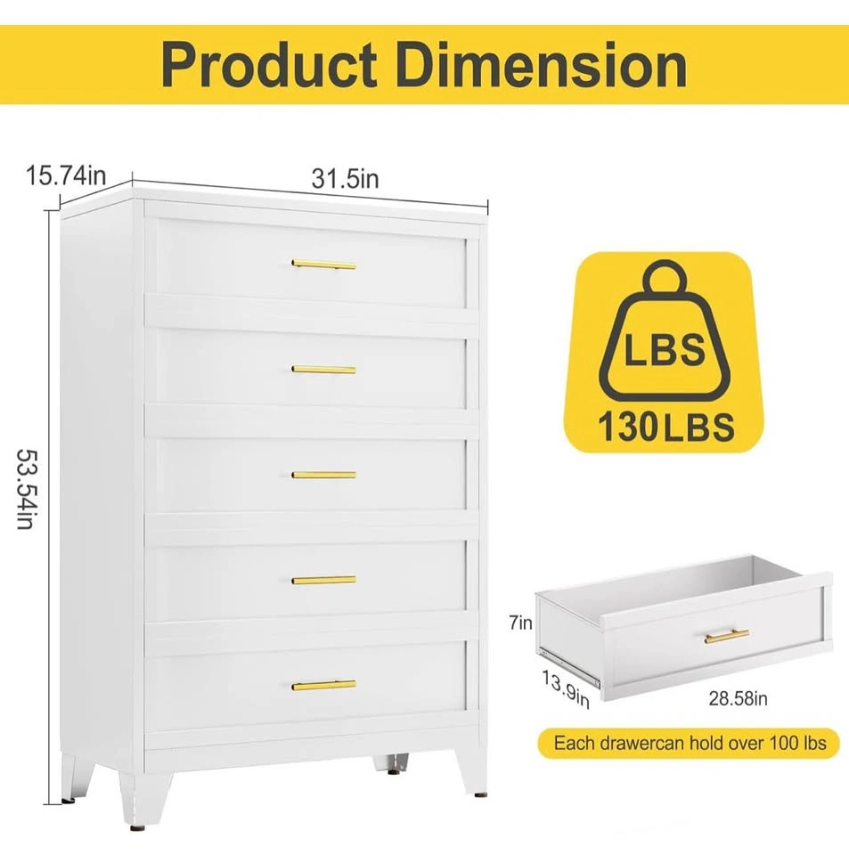White 5-Drawer Dresser with Gold Handles - photo 2