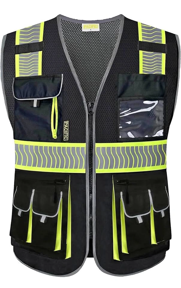 PACIFIC PPE Black Safety Vest - High Visibility, 10 Pockets - Me