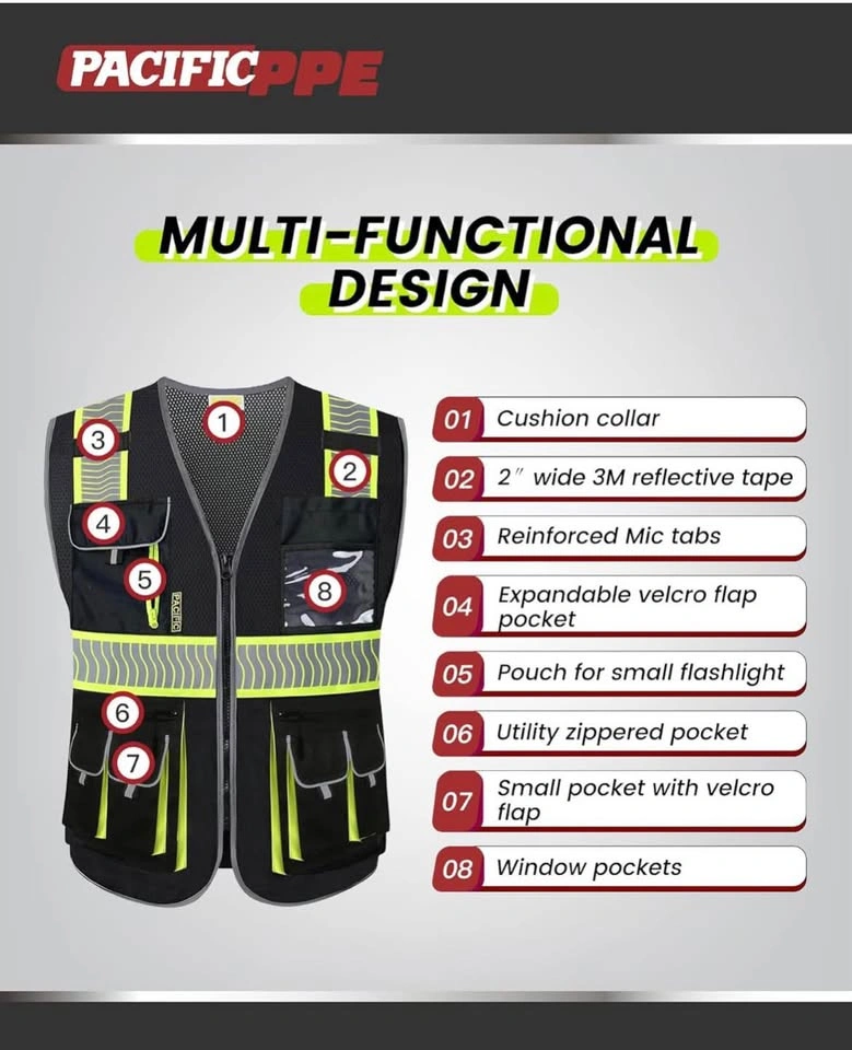 PACIFIC PPE Black Safety Vest - High Visibility, 10 Pockets - Me - photo 2