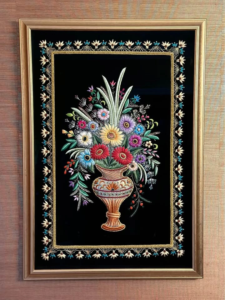 Handcrafted Semiprecious Stones Embroidery Flower Bouquet Framed