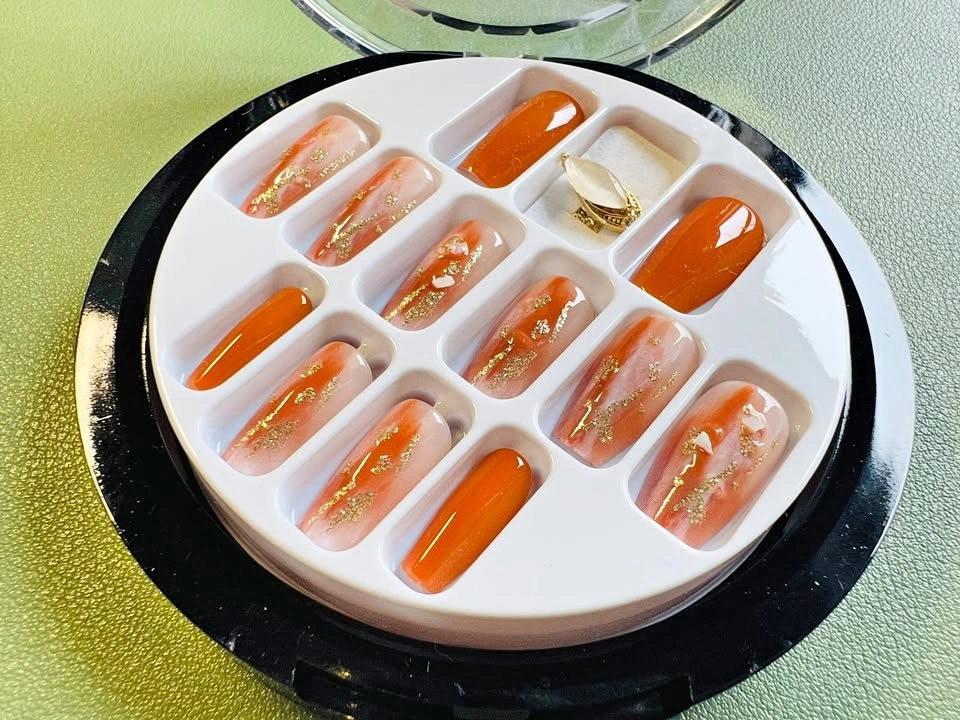 Orange Pink Ombre Gold Glitter Press-On Nails Set w/ Ring
