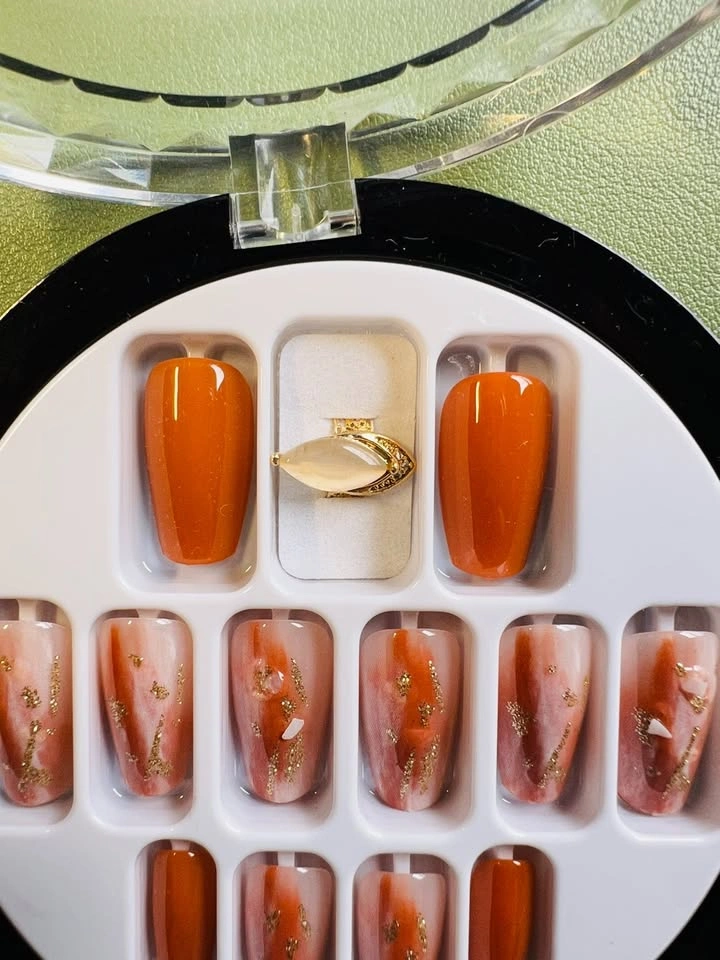 Orange Pink Ombre Gold Glitter Press-On Nails Set w/ Ring - photo 3
