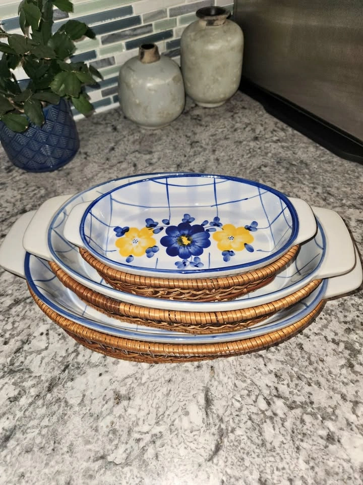 Vintage Nesting Dishes with Wicker Baskets