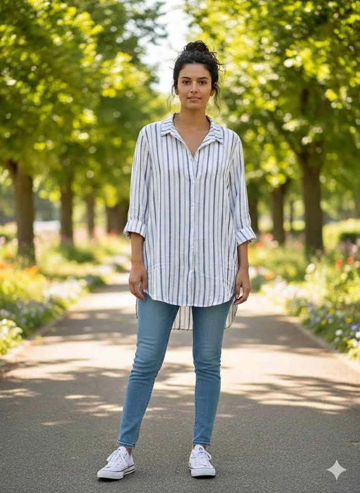 Blue White Striped Button Up Shirt - size XL