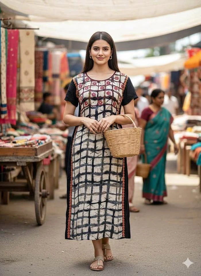 Cute Black & White Patterned Kurta - Size XL