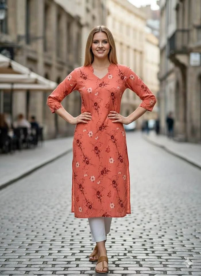 Coral Floral Print V-Neck Kurta - Size XL