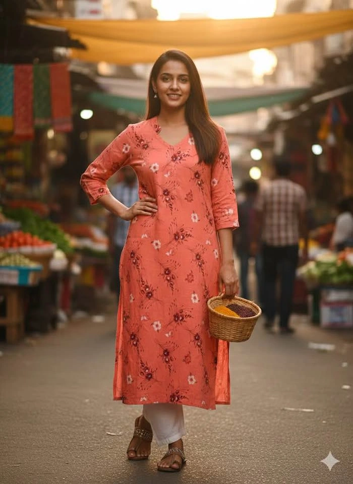 Coral Floral Print V-Neck Kurta - Size XL - photo 2