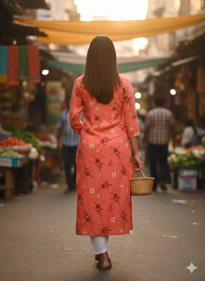 Coral Floral Print V-Neck Kurta - Size XL - photo 3