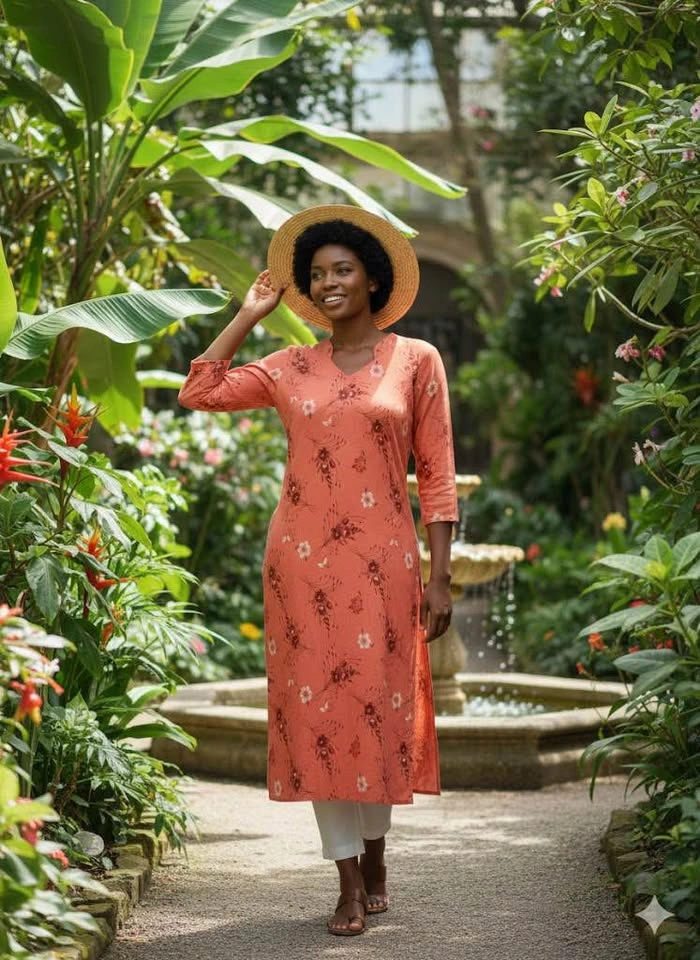 Coral Floral Print V-Neck Kurta - Size XL - photo 4