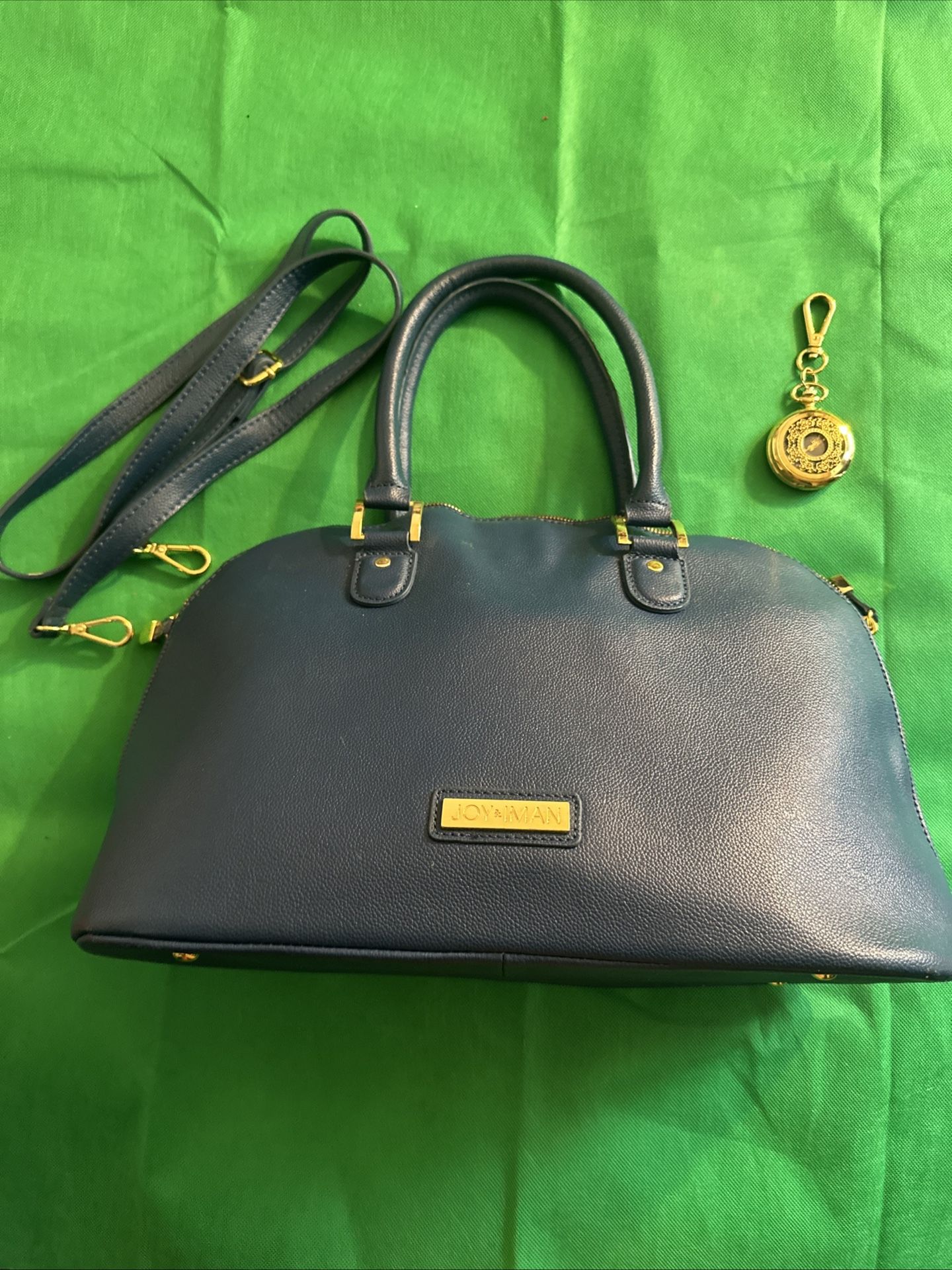 Joy & Iman Blue Pebbled Leather Satchel Purse with Pocket Watch