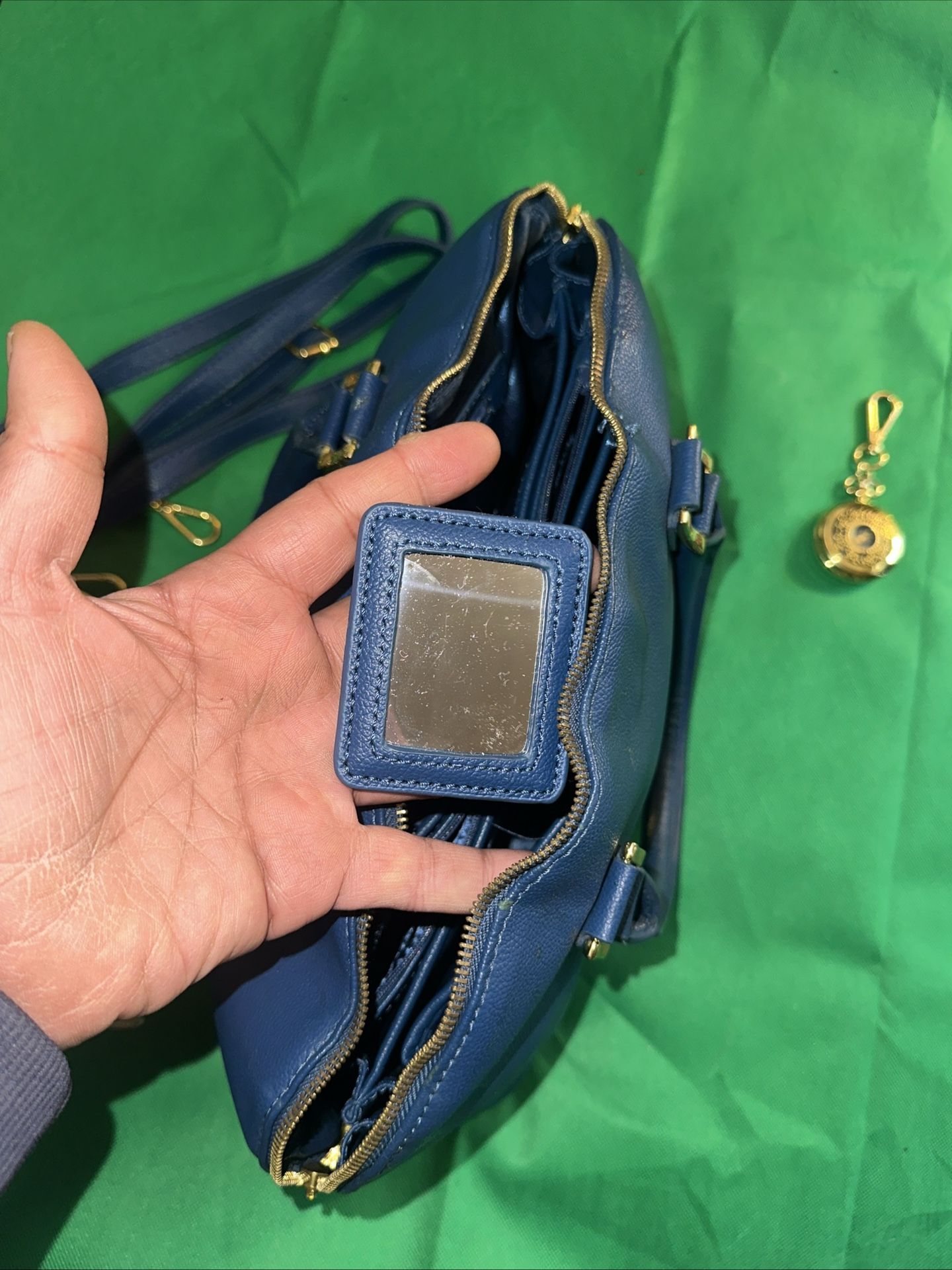 Joy & Iman Blue Pebbled Leather Satchel Purse with Pocket Watch - photo 3