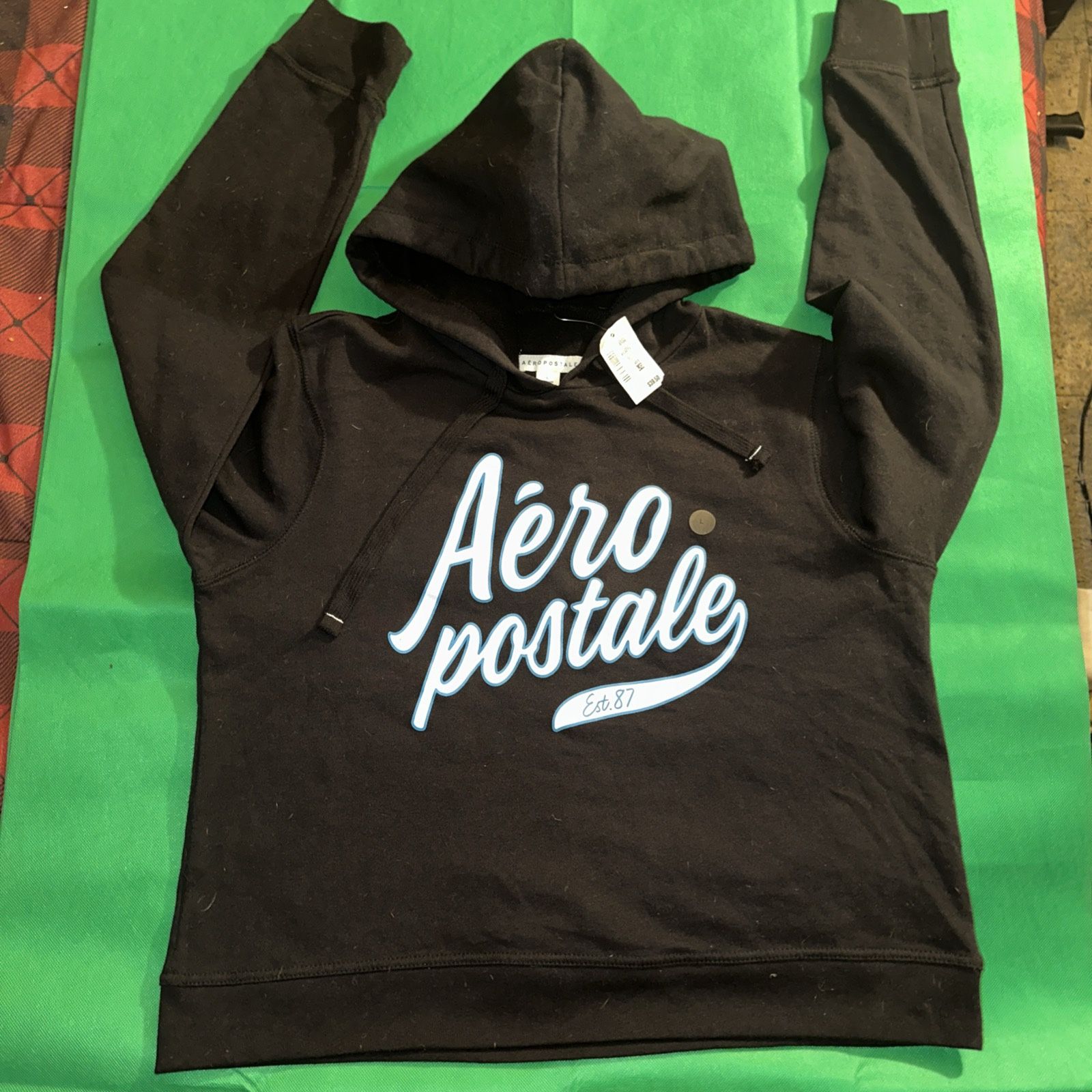 New Aeropostale Jr Girl Black Hoodie With Blue and White Logo Gr