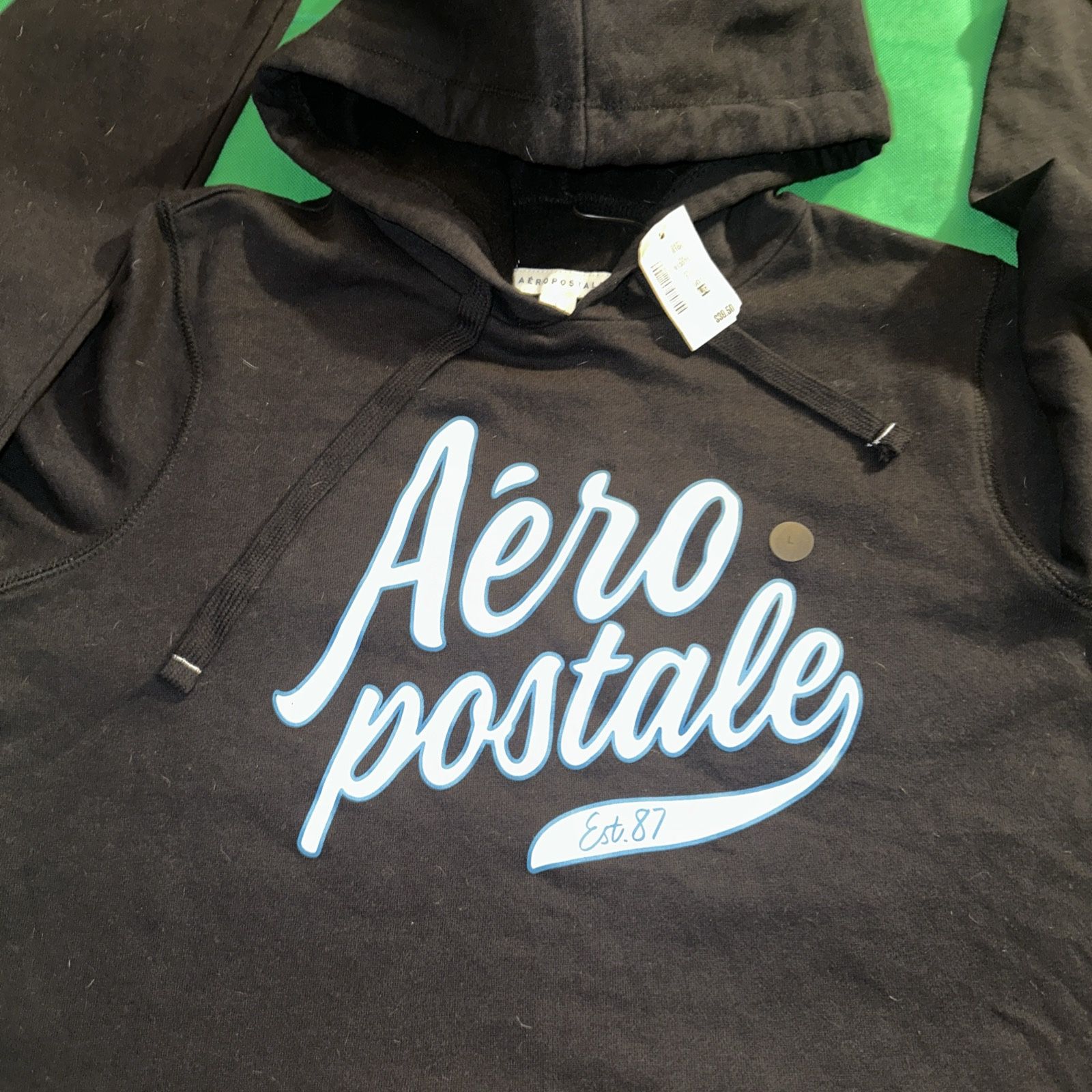 New Aeropostale Jr Girl Black Hoodie With Blue and White Logo Gr - photo 3