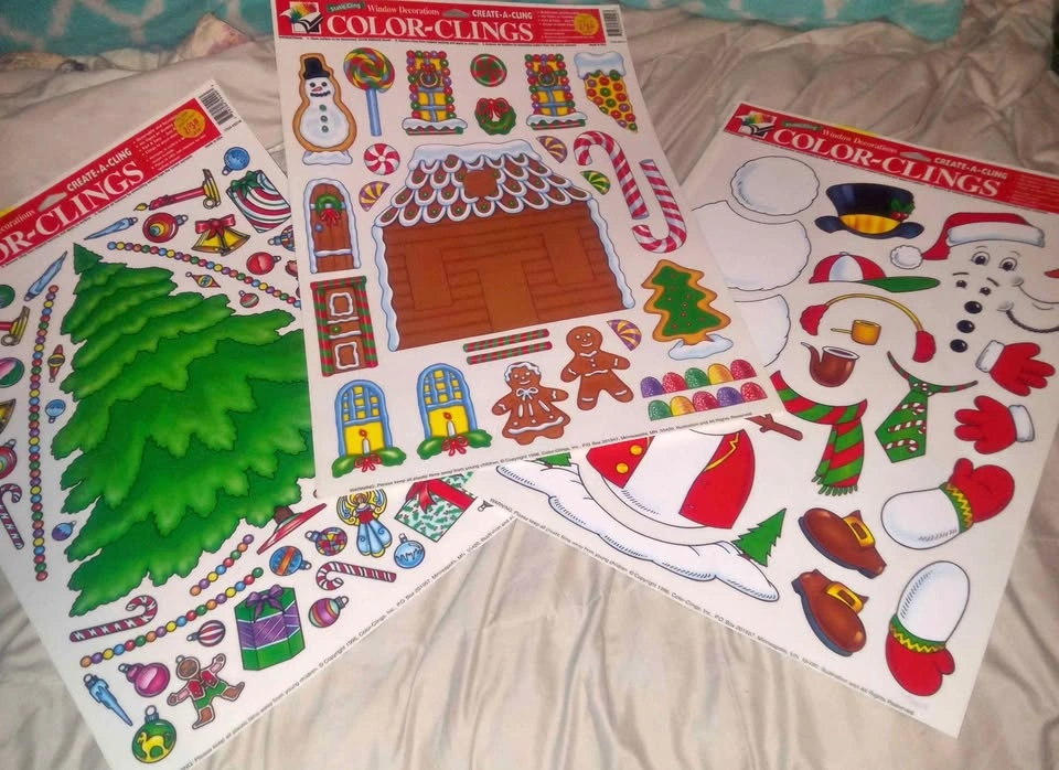 Vintage Snowman Gingerbread House Christmas Tree Window Art